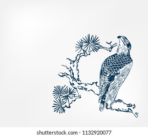 falcon bird pine branch background japanese vector sketch illustration engraved chinese
