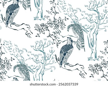 falcon branch tree japanese chinese vector design seamless pattern