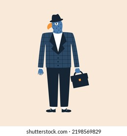 Falcon businessman in a suit and hat with a briefcase hand drawn vector illustration. Funny isolated bird character in flat style for kids alphabet. The letter "F".