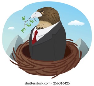 Falcon businessman in a suit is holding a branch with world currencies