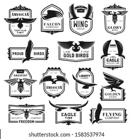 Falcon and eagle birds, heraldic labels. Vector american fight club, air travel and law firm, liberty academy, golden hawk. Security and freedom, prey and mascots, falconry theme icons