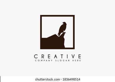 Falcon Eagle perch logo design vector illustration. Falcon perch icon. Usable for Business and Animal wildlife Logos, Isolated on white background