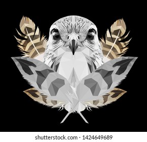 Falcon with feathers on black background, low poly triangular vector illustration EPS 10 isolated. Polygonal style trendy modern logo design. Suitable for printing on a t-shirt.