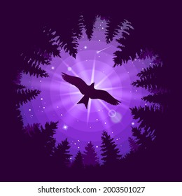 The falcon flies over the forest. Forest landscape with a soaring bird. Illustration for cover, advertisement or puzzles. A theme or wallpaper for your phone. Stock vector illustration. EPS 10.