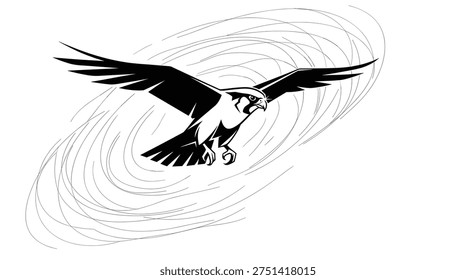 Falcon flying through circular air currents in a minimalist black and white vector illustration for sport logo or mascot design.