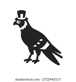 Falcon cuerpo completo silueta de icono de vista lateral con sombrero de tío Sam. Logotipo de Vector de un águila. Simbolizando el orgullo, la libertad, la independencia y la celebración nacional de Estados Unidos. Ilustración sobre fondo blanco. 