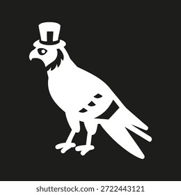 Falcon cuerpo completo silueta de icono de vista lateral con sombrero de tío Sam. Logotipo blanco Vector de un águila Ilustración sobre fondo negro. 