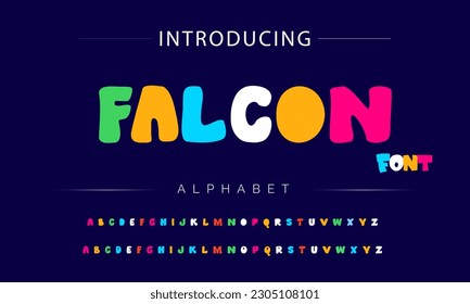 Falcon Funky colorful cartoon font type. Vector alphabet