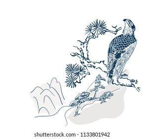 falcon hawk bird mountains view card vector sketch illustration line art japanese chinese oriental design