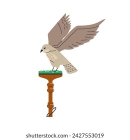 Falcon or hawk bird on the block perch with artificial grass and tethering ring. Falconry professional accoutrement, training equipment. Arabian traditional sport, bird hunting vector illustration