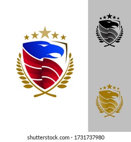 Falcon hawk bird protect defense logotype USA concept icon, Eagle logo abstract design vector template shield shape,