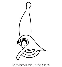 Falcon head of ancient Egyptian god Horus wearing royal pharaoh crown. Ethnic mythological design. Black and white linear silhouette.