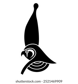 Falcon head of ancient Egyptian god Horus wearing royal pharaoh crown. Ethnic mythological design. Black and white silhouette.