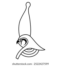 Falcon head of ancient Egyptian god Horus wearing royal pharaoh crown. Ethnic mythological design. Black and white linear silhouette.