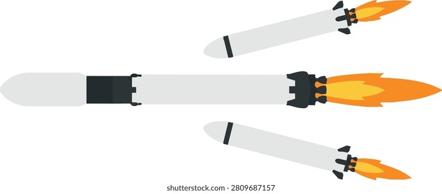 Falcon heavy rocket booster separation side profile, flat vector illustration for aerospace infographic, presentation, website banner