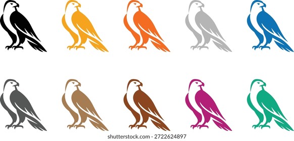 Falcon icon set in multiple colors, Stylized bird of prey silhouettes collection vector