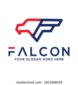 falcon initial f, vector logo illustration, good for mascot delivery or logistic logo industry flat color style with blue and red.