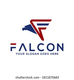 falcon initial f, vector logo illustration, good for mascot delivery or logistic logo industry flat color style with blue and red.