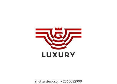 Falcon Logo Wings Geometric Heraldic Luxury Design Vektorvorlage. Falcon Hawk Vogel mit Kronen Linear Outline Golden Logotype Symbol.