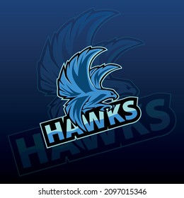 Falcon mascot logo design, modern printable illustration in blue color, logo for sports team, vector logo.