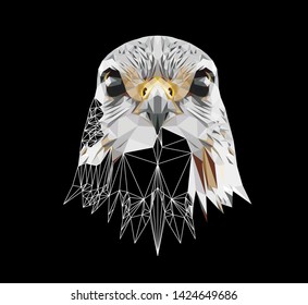 Falcon on black background, low poly triangular and wireframe vector illustration EPS 10 isolated. Polygonal style trendy modern logo design. Suitable for printing on a t-shirt.