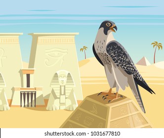 Falcon on the top of ancient egypt pyramid