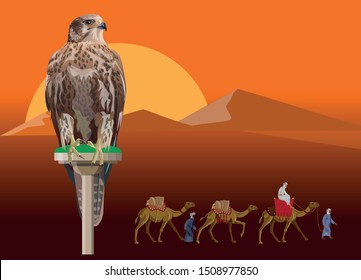 Falcon perching on a desert landscape background with caravan of camels. Vector illustration in realistic style