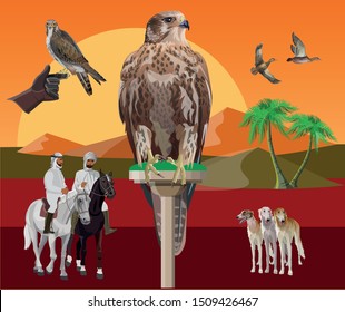 Falcon perching on a desert landscape background. Set of images animals and birds on the theme of falconry. Vector illustration in realistic style