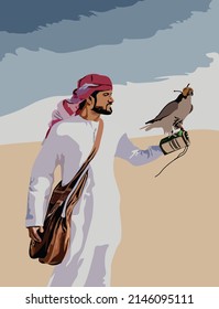 Falcon predator hunter and its owner in Qatar culture and traditional. Hunting eagle perched on a falconer's arm, hunting practice in the desert