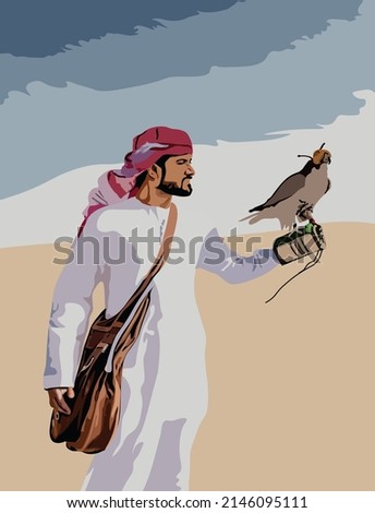 Falcon predator hunter and its owner in Qatar culture and traditional. Hunting eagle perched on a falconer's arm, hunting practice in the desert