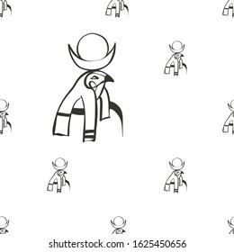 Falcon Ra god of Sun seamless. Egypt symbol line pattern design. Africa hand drawn vector illustration. Linear black sketch on white background.