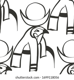Falcon Ra god of Sun seamless. Egypt symbol line pattern design. Africa hand drawn vector illustration. Linear black sketch on white background.
