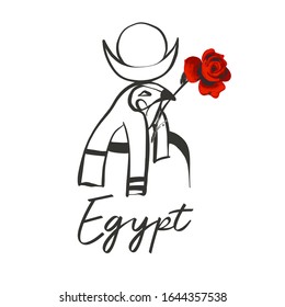 Falcon ra with red rose. Egypt symbol. Ancient line logo t-shirt. Africa hand drawn vector illustration. Linear black sketch on white background.