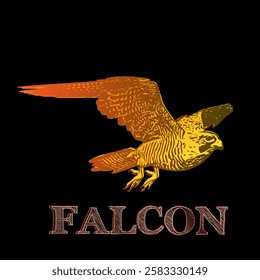 A falcon rendered in a striking mix of orange and yellow shades, exuding energy and movement. Positioned mid-flight, the bird's fierce gaze and sharp talons enhance its dynamic presence. "FALCON"