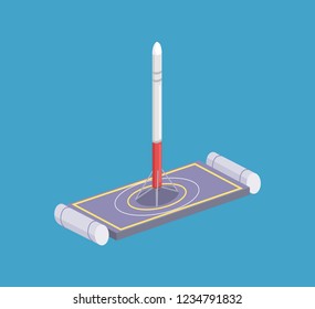 Falcon rocket on sailing platform vector illustration isolated on blue. Autonomous spacecraft on sailboat, satellite on cargo ship, spaceport sign