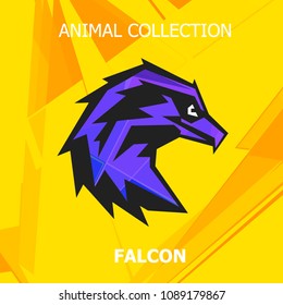 Falcon stylized triangle polygonal silhouette on abstract low poly colorful background. Graphic low poly silhouette for poster, clothes, t-shirt design, company branding.