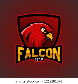 Falcon Team Logo with Shield and Text Mascot Logo Design. Animals Mascot Esports Logo Vector Illustration Concept.