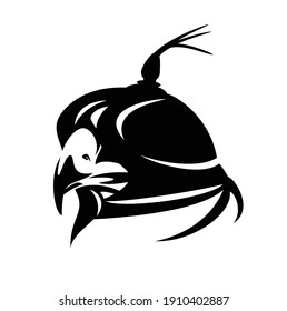 falcon wearing hood cover - hunting bird black and white vector head portrait