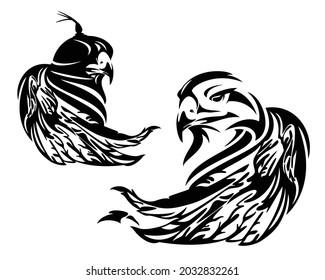 falcon wearing hood cover and wild eagle  - hunting bird black and white vector head and wing portrait
