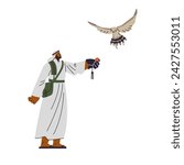 Falconer in traditional Arab attire and leather glove is featured in vector illustration of falconry. Man releases trained falcon into sky, embodying sport and culture of Middle East.