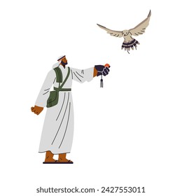 Falconer in traditional Arab attire and leather glove is featured in vector illustration of falconry. Man releases trained falcon into sky, embodying sport and culture of Middle East.