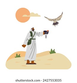 Falconer in traditional robe executes falconry. Vector illustration depicts man and falcon in mid-flight. Desert dunes form background as hunter with leather glove releases bird.