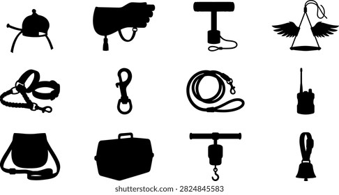 Falconry equipment black icon set for raptor training and bird of prey management vector illustration