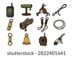 Falconry handling equipment flat style illustration icon set for wildlife. Bird hunting and training tools colorful element design pack for outdoor