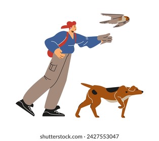 Falconry, hunter, falcon and dog, vector illustration isolated on white background drawn in flat cartoon style. Woman with wild bird prepare for bird hunting show or sport training.