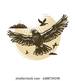 Falconry hunting logo. Predator species with broad wings, sharp beaks and claws. Hawk with grey plumage flying in sky. Vector illustration.