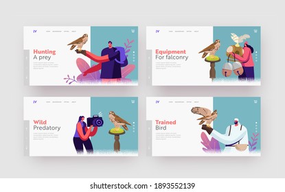 Falconry Landing Page Template Set. Winzige Charaktere, die professionelle Ausrüstung für Falcon Training besitzen. Arabischer Traditioneller Sport, Vogeljagd, Falknerfestival. Vektorgrafik von Cartoon People