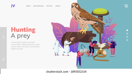 Falconry Landing Page Template. Winzige Charaktere, die professionelle Ausrüstung für Falcon Training besitzen. Arabischer Traditioneller Sport, Vogeljagd, Falknerfestival. Vektorgrafik von Cartoon People