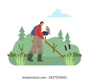 Falconry, man and falcon, flat cartoon vector illustration isolated on white background. Hunter holding a wild bird on his hand, prepare for bird hunting show or sport training. Summer forest or swamp