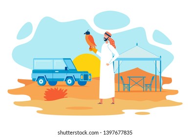 Falconry In United Arabic Emirates Flat Vector Concept With Arab Falconer, Sheik, Hunter Standing With Blinded Bird Of Prey On Hand Illustration. Traditional Hunting With Predatory Birds In Desert